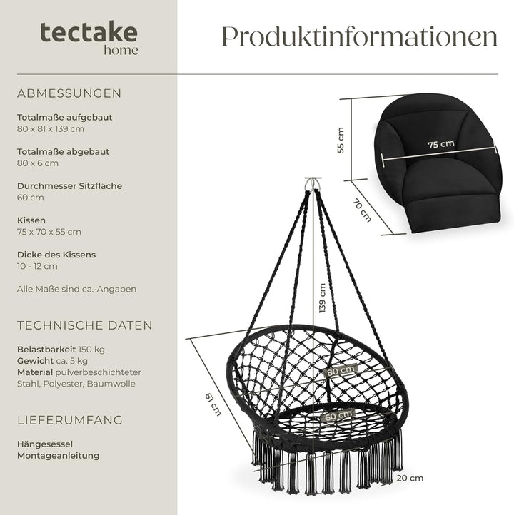 tectake® Hängesessel, Hängeschaukel mit dicken Kissen & Quasten, Boho Hängekorb Ø 80 cm, Hängesessel