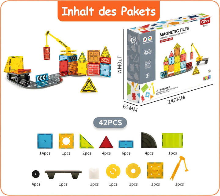 Olvy Magnetische Bausteine Montessori Spielzeug - 42 Magnetic Tiles Kinder - Magnetisches Konstrukti