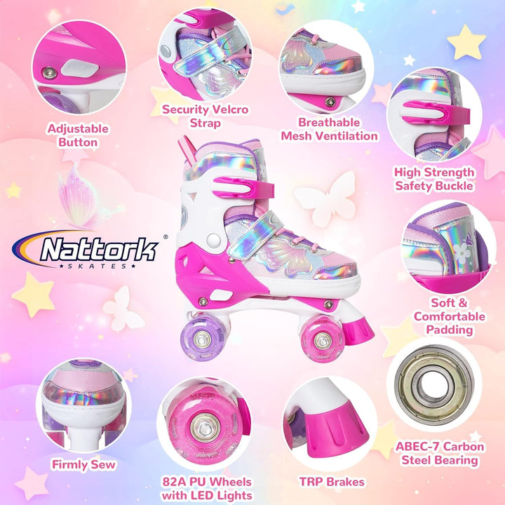 Nattork Kinder Rollschuhe für Mädchen und Jungen, 4 Grössen Verstellbar, Vierrad-Rollschuhe mit Schm
