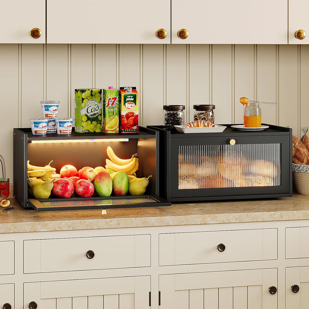 VEDECASA Bambus Brotbox mit LED Sensorlicht, Grosse Küchen Arbeitsplatte Brot Aufbewahrungsbox mit F
