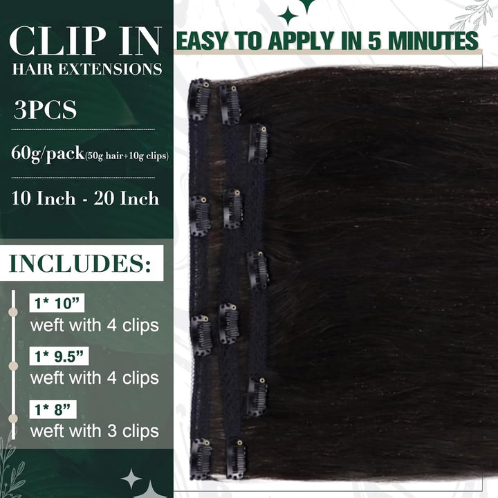 RUNATURE Echthaar Extensions Clip Schwarz 25cm Glatt Menschliches Haar Clip in Extensions Echthaar N