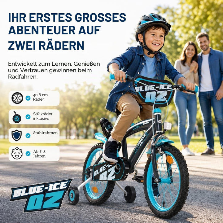 Kinderfahrrad Blue Ice 16 Zoll mit Stützrädern Trinkflasche 5-7 Jahre