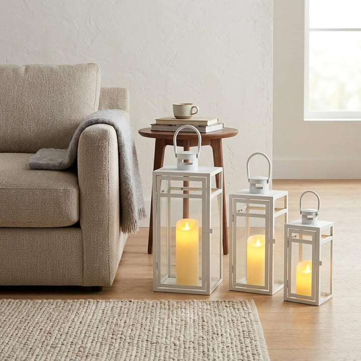 TRIROCKS Set aus 3 Edelstahl Kerzenlaterne 48cm Hoher Metallkerzenhalter mit klaren Glasscheiben Per
