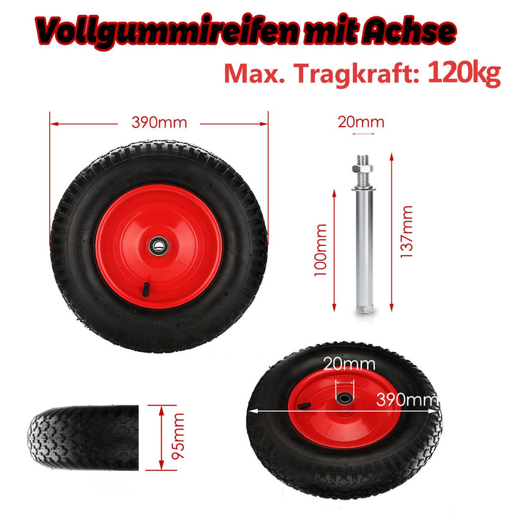 Ansobea Schubkarrenrad luftbereift mit Achse - Reifen mit Stahlfelge - 4.80/4.00-8 - Durchmesser 390