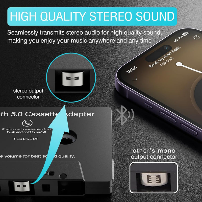 Kassetten Aux Adapter Auto Bluetooth 5.0 Audio Kassetten zu AUX Kassette mit Mikrofon/Fernbedienungs