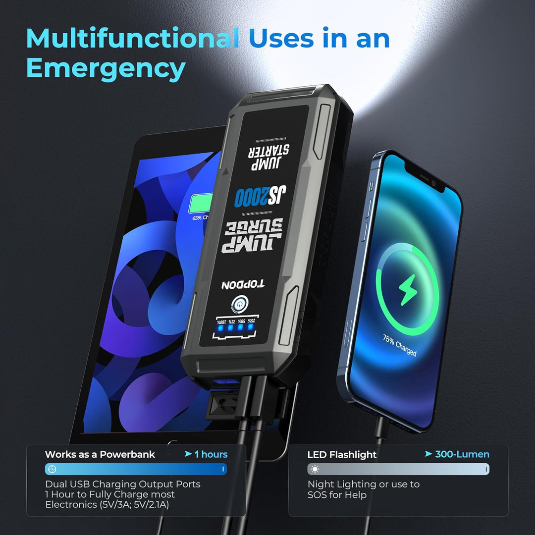 TOPDON Starthilfe Powerbank, JS2000 Starterbatterie 2000A Auto Booster Power Pack für bis zu 8L Benz