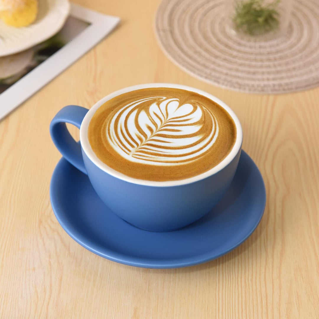 Yundu Latte-Tasse und Untertasse, Porzellan, 294 ml, für Cappuccino, Tee, Café, Mokka, 4 Stück, matt