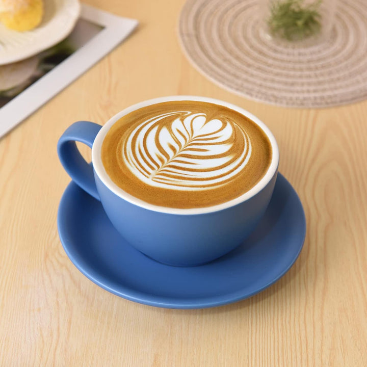 Yundu Latte-Tasse und Untertasse, Porzellan, 294 ml, für Cappuccino, Tee, Café, Mokka, 4 Stück, matt