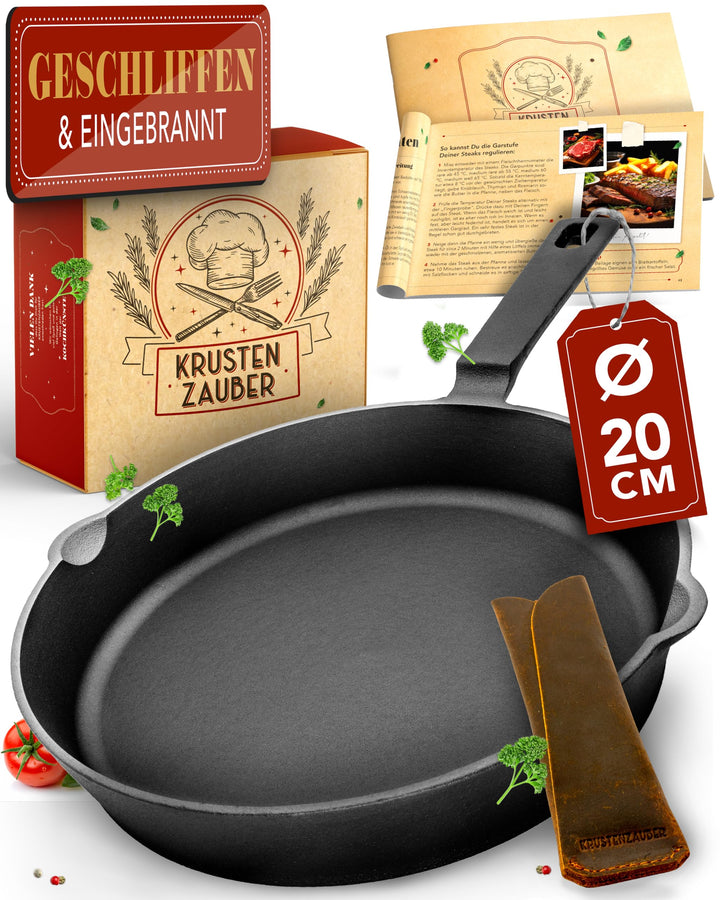 KRUSTENZAUBER Gusseisenpfanne Induktion 20cm inkl. Anleitung und Rezeptbuch - Geschliffene Pfanne Gu