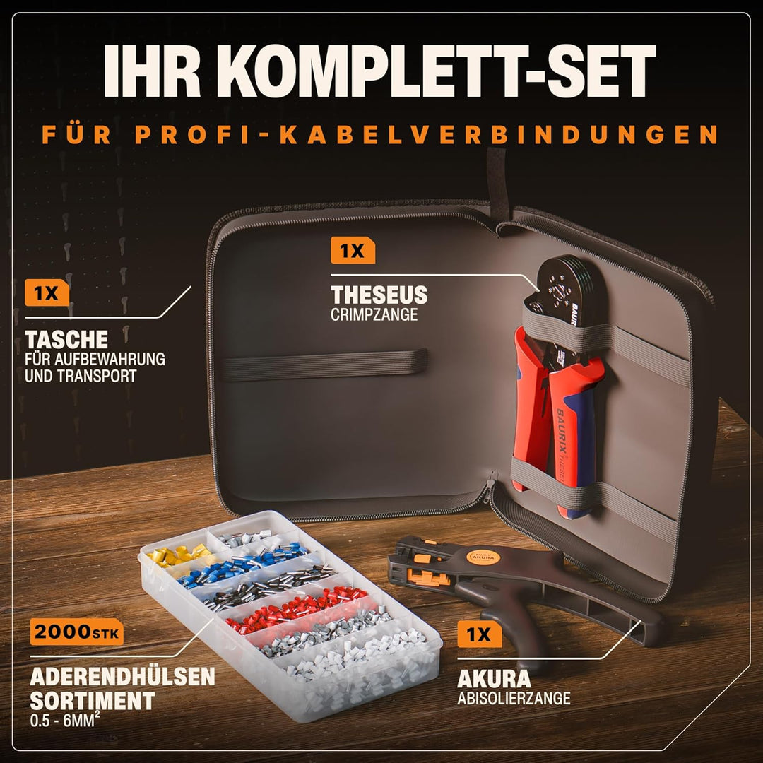 BAURIX® Crimpzange & Abisolierzange mit 2000 Aderendhülsen Set – Sechskant Crimpwerkzeug 0,25–6mm² –