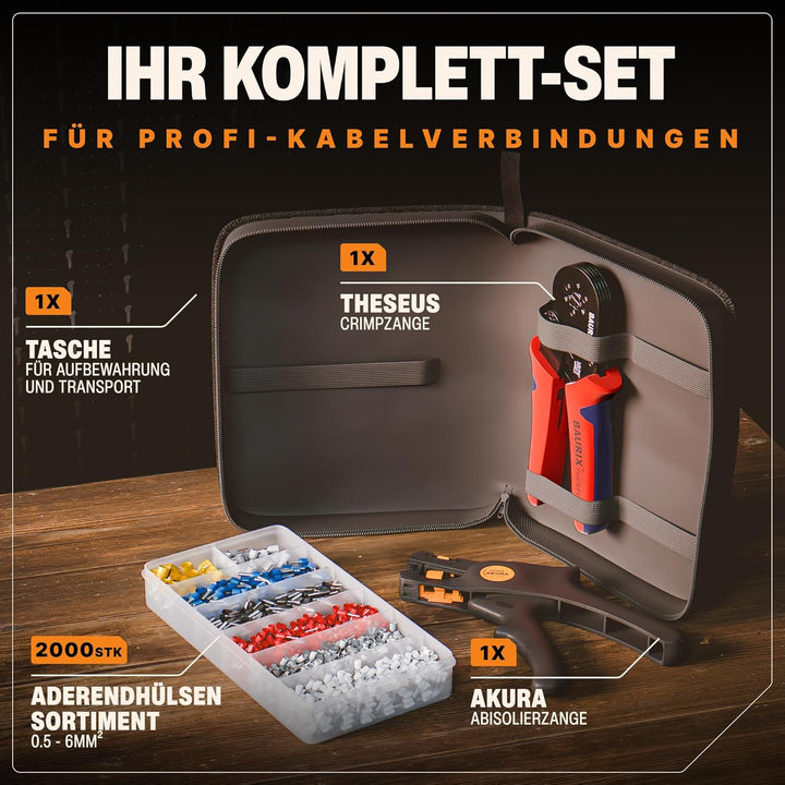 BAURIX® Crimpzange & Abisolierzange mit 2000 Aderendhülsen Set – Sechskant Crimpwerkzeug 0,25–6mm² –