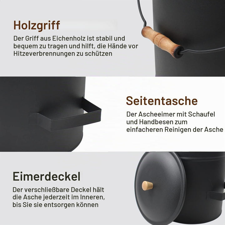 BRIAN &amp; DANY Ascheeimer mit Deckel, Runder Kohleeimer für Kamine, 15L Eimer mit Schaufel und Handbes