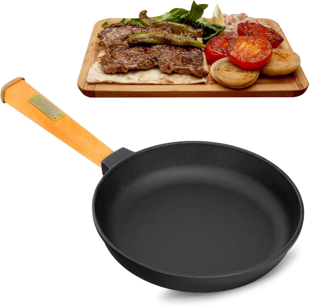 4BIG.fun Bratpfanne aus Gusseisen 26 cm BRIZOLL mit Holzgriff abschraubbar Frying Pan geeignet für a