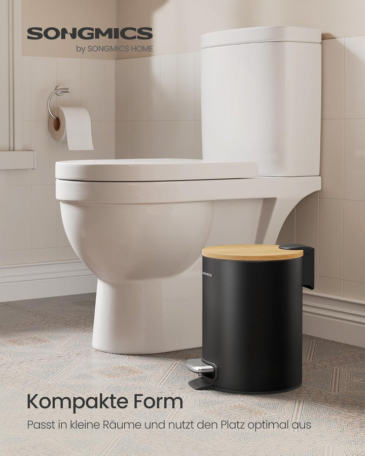 SONGMICS Kosmetikeimer, Mülleimer Bad, mit Deckel aus Bambus, Tretmülleimer mit Metallpedal, Innenei