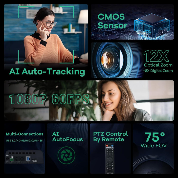 TONGVEO PTZ Konferenzkamera mit KI-Auto-Tracking, 12X optischem Zoom, Weitwinkel, 1080P/60fps (HDMI/