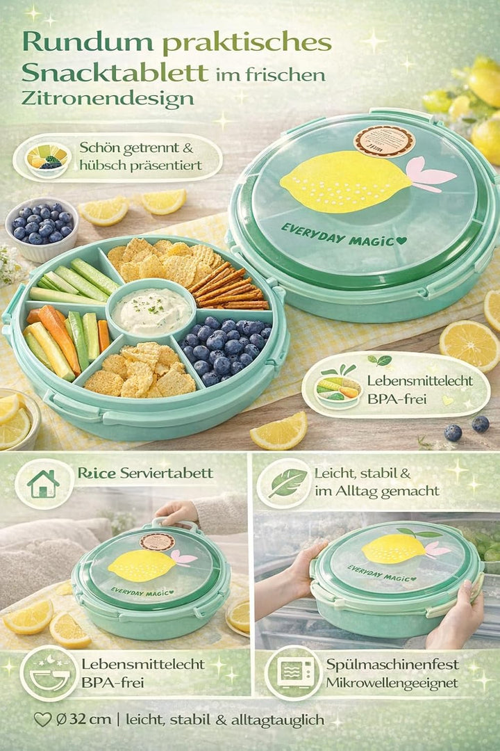 Rice Serviertablett rund Ø 32 cm mit Deckel & Tragegriff – Snack- & Partyplatte mit Fächern, BPA-fre