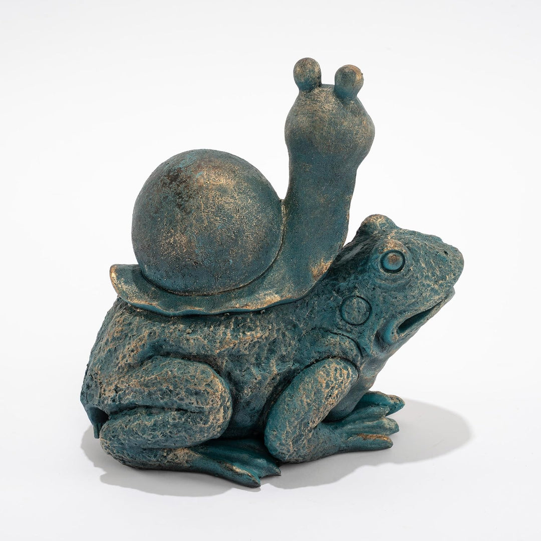 Esotec Wasserspeier-Figur Schnecke auf Frosch Max & Moritz, Einzelfigur mit Schlauch, Altkupfer-Desi