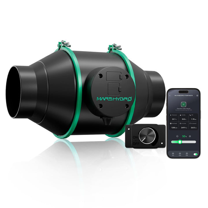 MARS HYDRO Smart 4 Zoll Inline-Ventilator mit variablem Geschwindigkeitsregler, Temperatur- und Luft