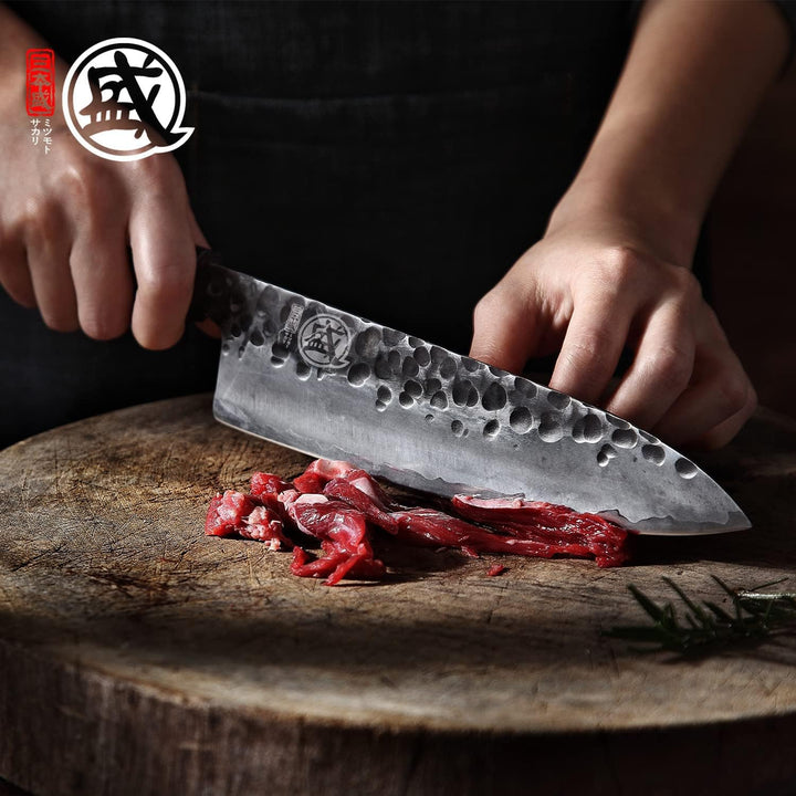 MITSUMOTO SAKARI 22 cm Gyuto Japanisches Messer, Handgeschmiedetes Küchenmesser Profi Fleischmesser,