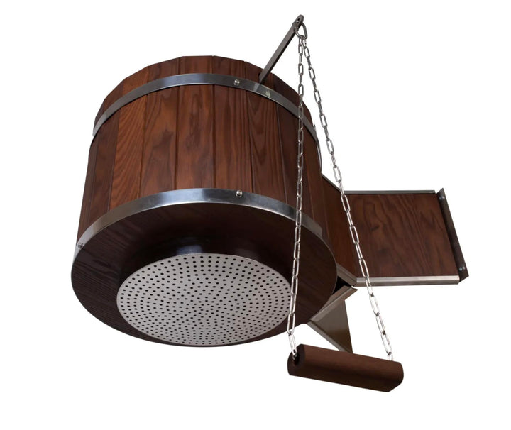 Wasserfall-Schwalldusche COOLER 35 l aus Thermo-Holz & Edelstahl | festmontierte Regenfall-Dusche fü
