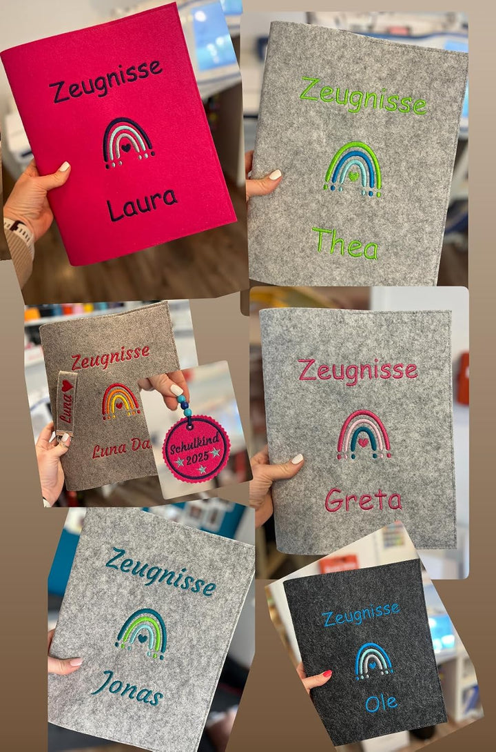 Personalisierte Zeugnismappe A4 aus Filz | Bunter Regenbogen| hochwertig bestickt | Schulkind | Gesc