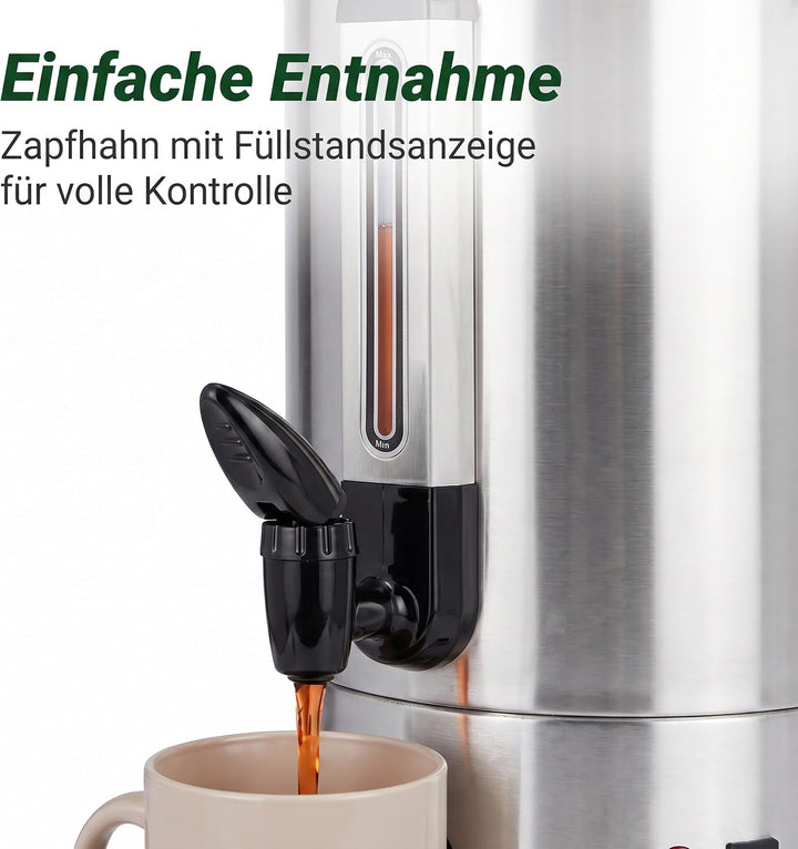 Relaxdays Glühweinkocher, 10 l, 30–110 °C, Zapfhahn, Thermostat, Silber | Füllstandsanzeige, Edelsta