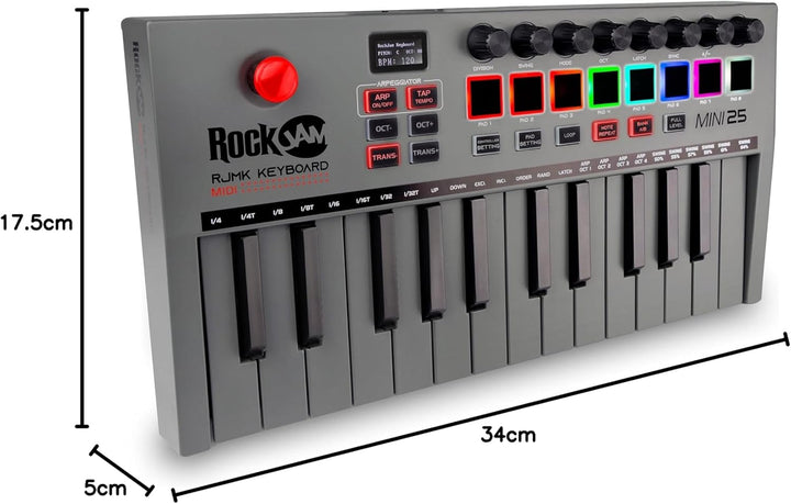 RockJam Go 25 Key USB & Bluetooth MIDI Keyboard Controller With 8 Backlit Drum Pads, 8 Knobs 25 Tast