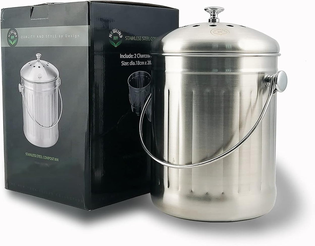 NewlineNY Edelstahl-Komposteimer für Küchen-Arbeitsplatte, 3,5 Liter Recycling-Eimer mit 2 Kohlefilt