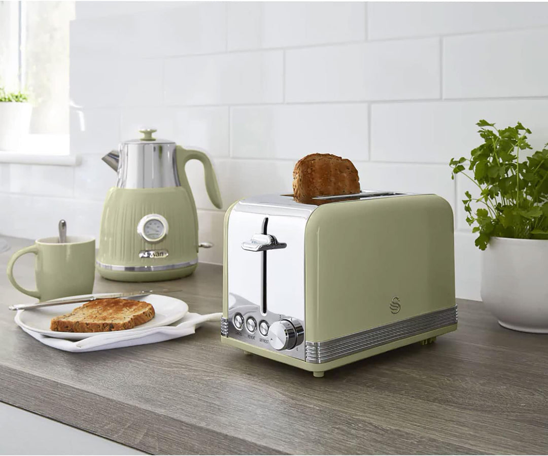 Swan Retro ST19010GNEU 2-Scheiben-Breitschlitz-Brottoaster, Vintage Design, 3 Funktionen: Auftauen/A