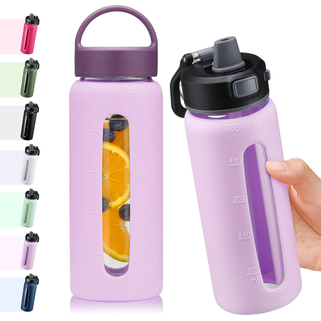 BLUEGO 600ml Glas Wasserflasche mit 2 Deckeln- One-Touch Verschlussdeckel und Griffdeckel Wiederverw