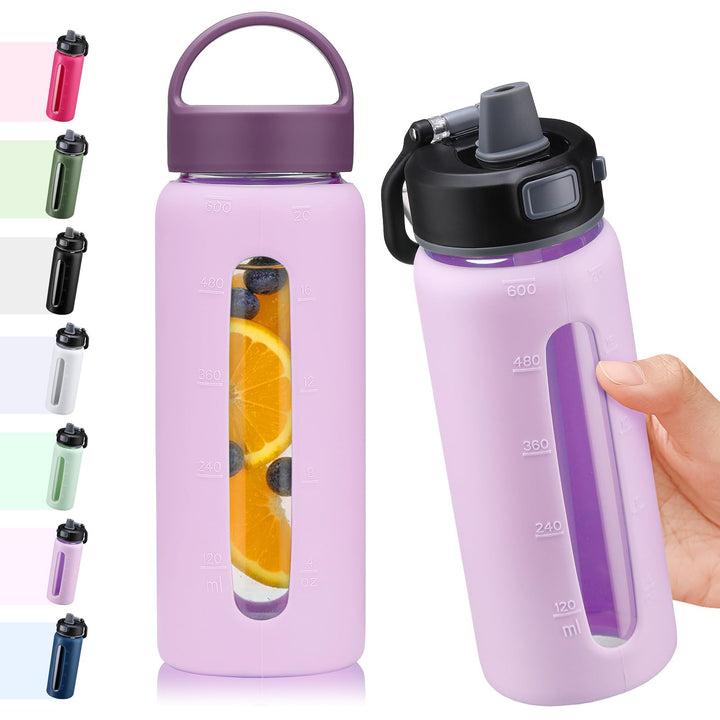 BLUEGO 600ml Glas Wasserflasche mit 2 Deckeln- One-Touch Verschlussdeckel und Griffdeckel Wiederverw