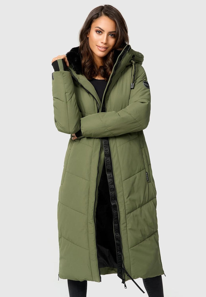 MARIKOO Damen Wintermantel warmer Steppmantel lang mit verstellbarer Kapuze und hohem Kragen Nadaree