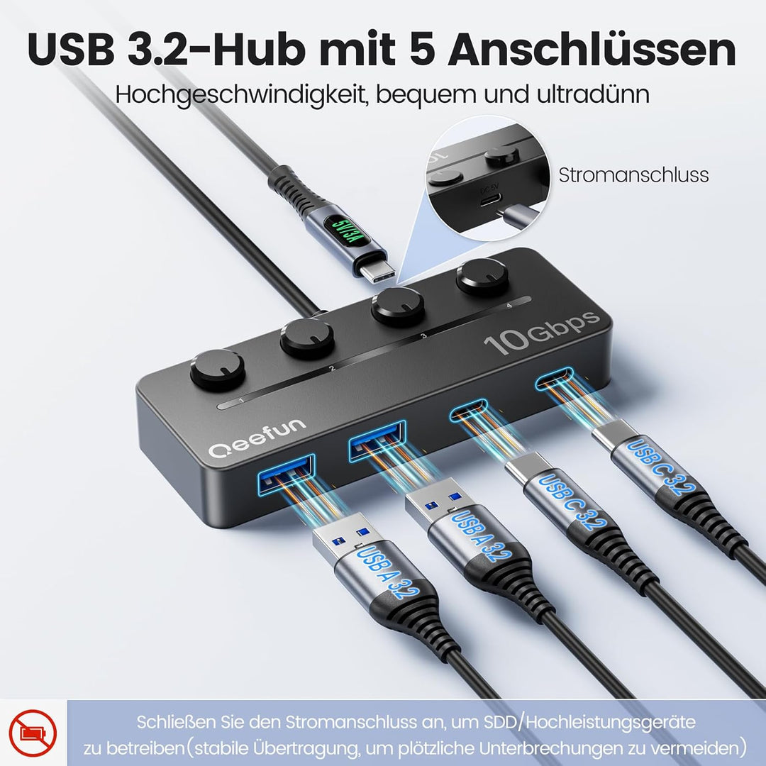 Qeefun 10Gbps USB Hub, 3.2 USB Hub mit 2 USB-C und 2 USB-A, USB 3.2 GEN 2 Splitter mit Type-C Power