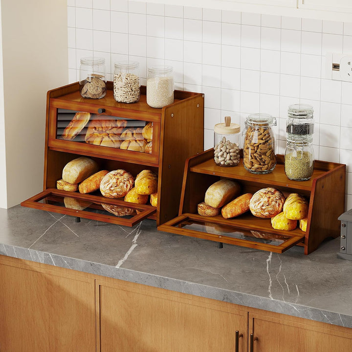 BAMBANG Gross Bambus Brotkasten für Küchentheke, 2 Stufe Bauernhaus Brotbox, Holz Brotkasten Brotauf