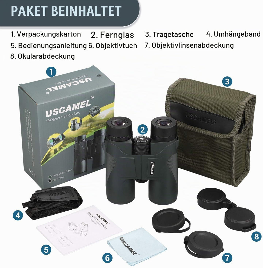 USCAMEL Fernglas Testsieger, 10x42 Wasserdicht Metallische Spiegelkörper Grüner Film Hohe Binoculars