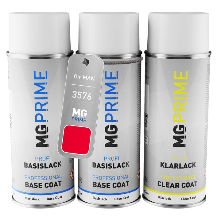 MG PRIME Autolack Sprühdosen Set für MAN 3576 Rot Grundlack Basislack Klarlack Spraydose 400ml