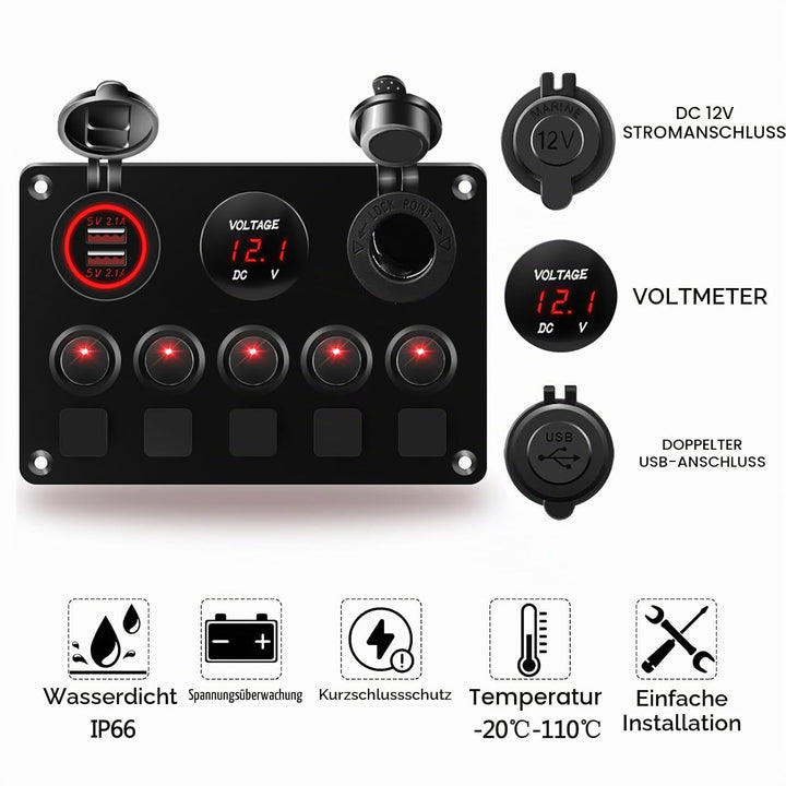 Geloo 5 Gang Schalter Panel, 12V/24V Kippschalter Panel IP65 Wasserdichte LED Voltmeter Dual USB Buc