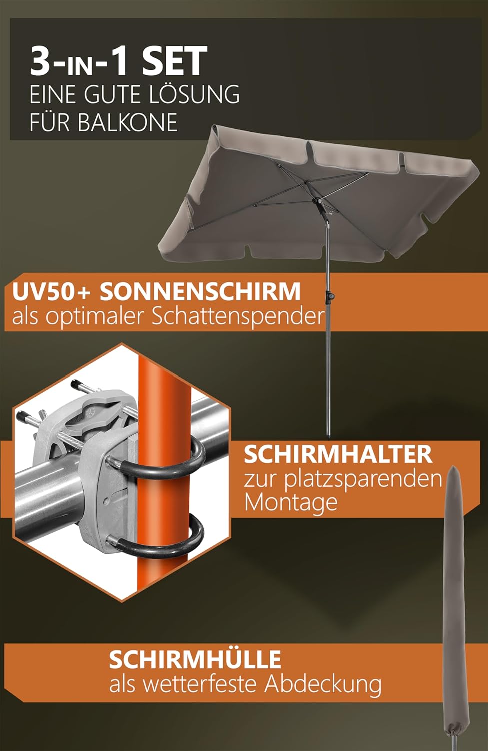 4smile Sonnenschirm Balkon SunnyShade - Sonnenschutz Balkon 3-in-1 SET, Taupe - UPF 50+ Sonnenschirm