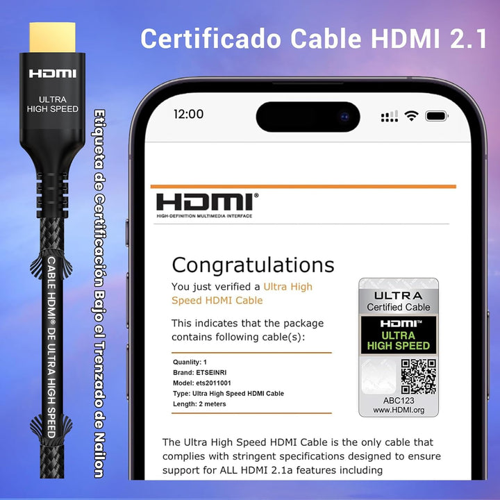 Etseinri 10K 8K HDMI 2.1 Kabel 1M+1.5M, Zertifiziert 48Gbps Ultra High Speed HDMI® Kabel 4K 240Hz 16