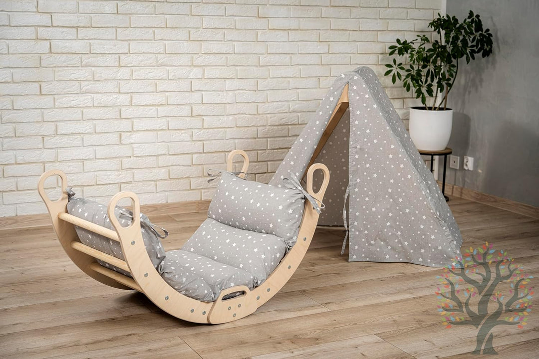 WoodsCraft 5in1 Set: Grosse Kletterbogen mit Kissen, Kinderzelt Indoor & Kletterdreieck mit 2in1: Ru