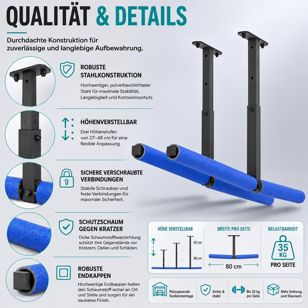 QLS Hängeregal Deckenhalterung 2-seitig aus pulverbeschichtetem Stahl 2 x 80 cm Höhenverstellbar 27–