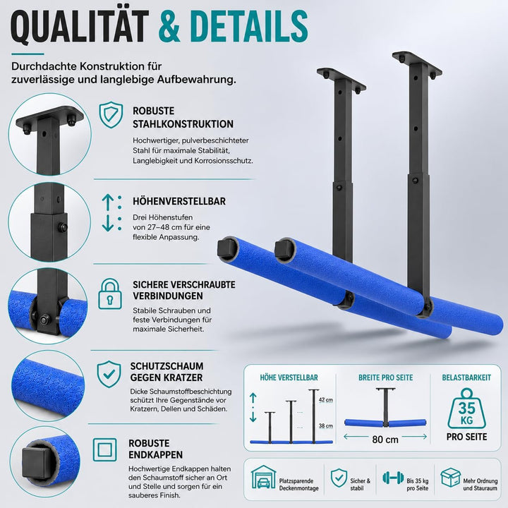QLS Hängeregal Deckenhalterung 2-seitig aus pulverbeschichtetem Stahl 2 x 80 cm Höhenverstellbar 27–