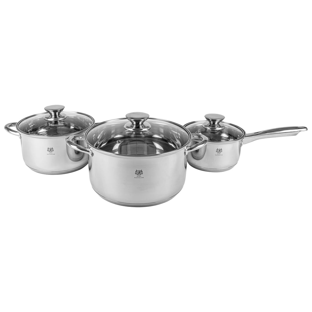 Topfset Induktion 3-teilig, Kochtopf Set mit Glasdeckel, Edelstahl mattiert, Induktions Töpfe Set un
