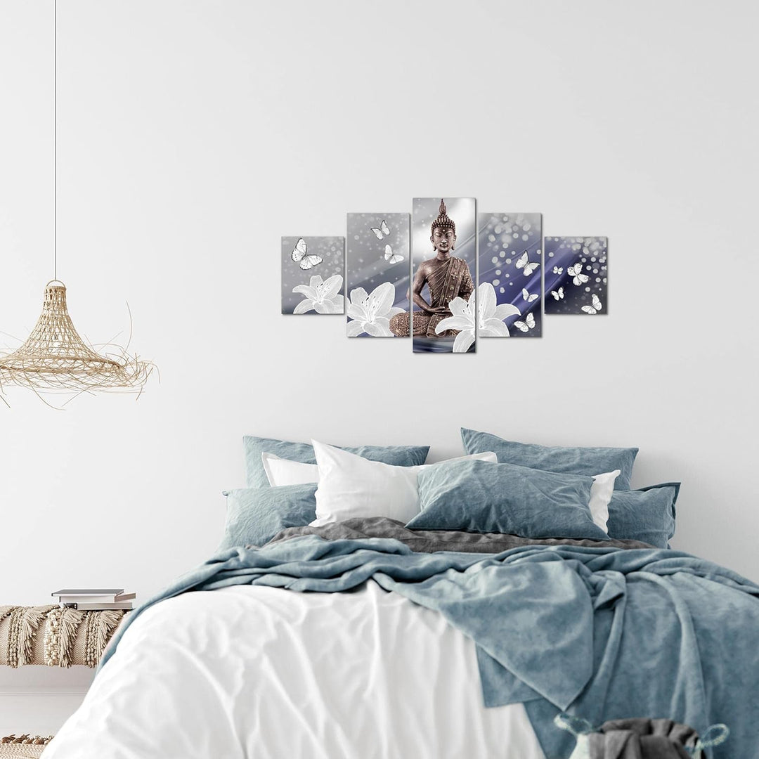 Runa Art Wandbilder Buddha Blumen 5 Teilig Bild auf Vlies Leinwand Deko Wohnzimmer Schmetterling Zen