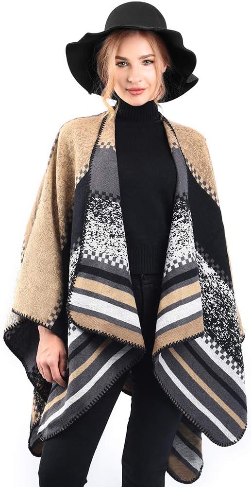 Winter Warme Poncho Schal Wrap - Herbst Open Front Cape Winddichte Strick Wolle Mantel Decke Kap-Sch