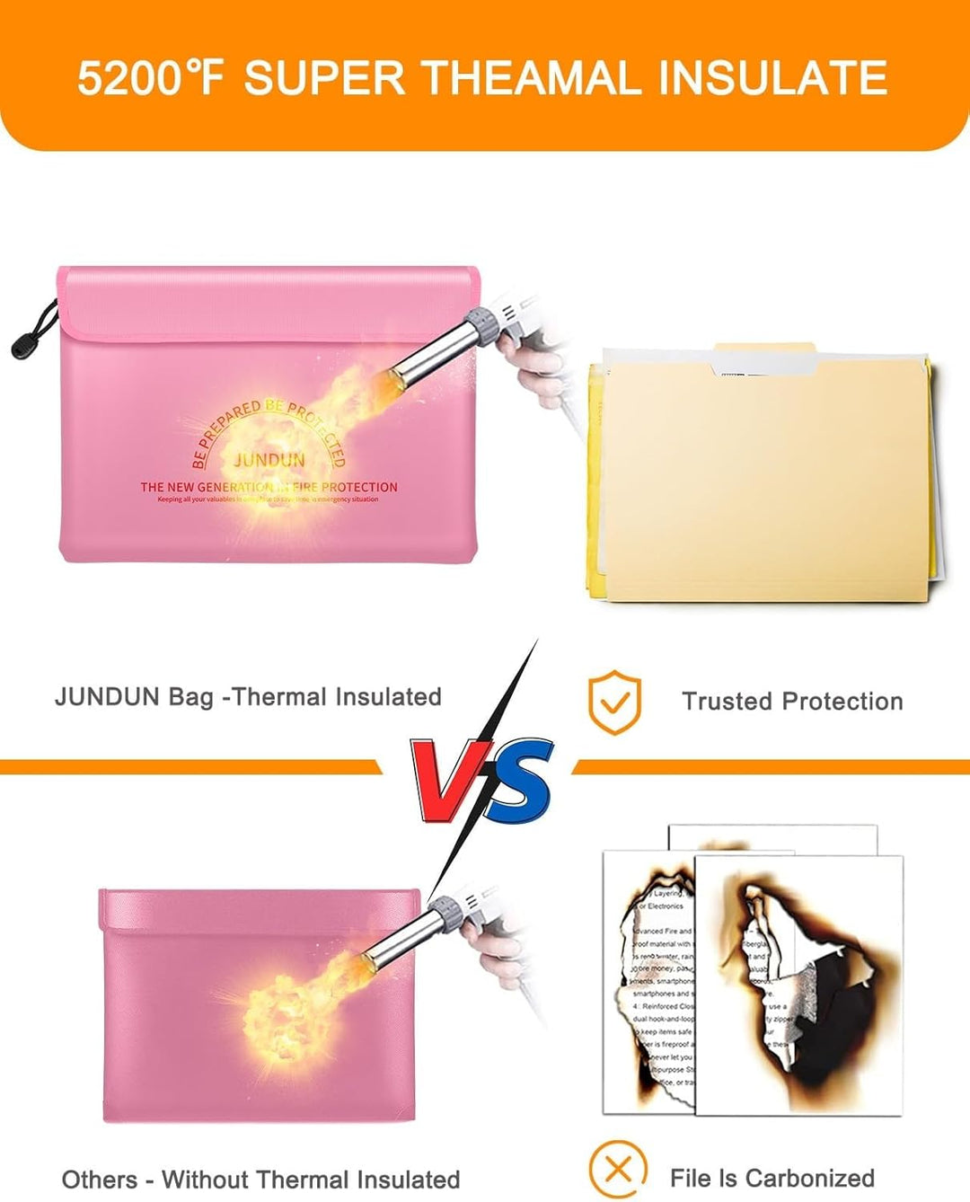 JUNDUN Feuerfeste Dokumententasche mit 5200℉ Wärmeisolierung, 36x26cm wasserdichte und feuerfeste Ge