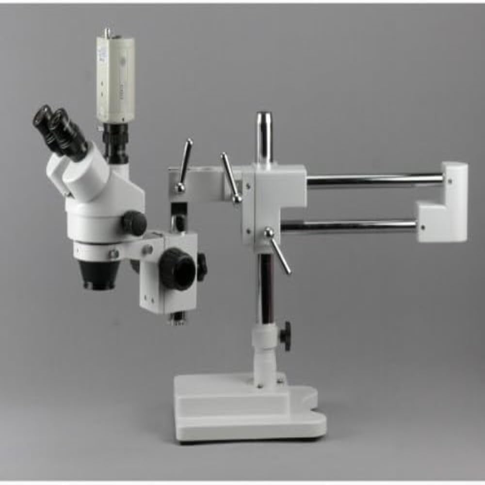 AmScope SM-3TZ Trinokulares Stereo Zoom Mikroskop auf Einarmigem Auslegerständer, 3.5X-90X, Weiss