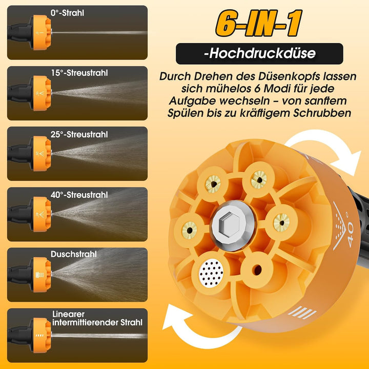 Akku Hochdruckreiniger mit 6-in-1 Multifunktionsdüse, Mobiler Hochdruckreiniger mit 2 Akku, 10 Meter
