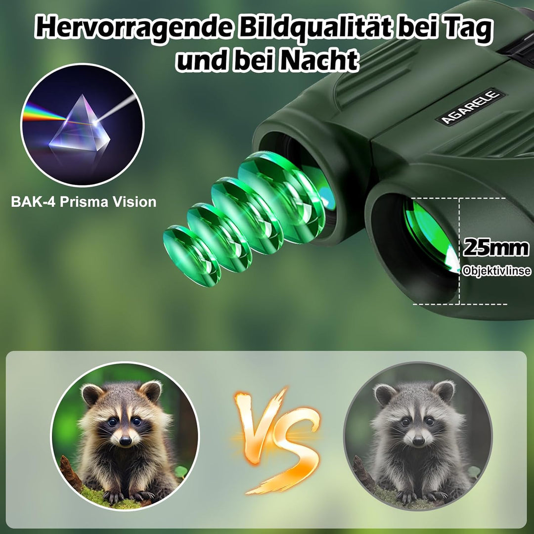 Fernglas für Erwachsene und Kinder, 10x25 Kompaktes Kleines Fernglas mit HD Linsen, Leicht, mit Gürt