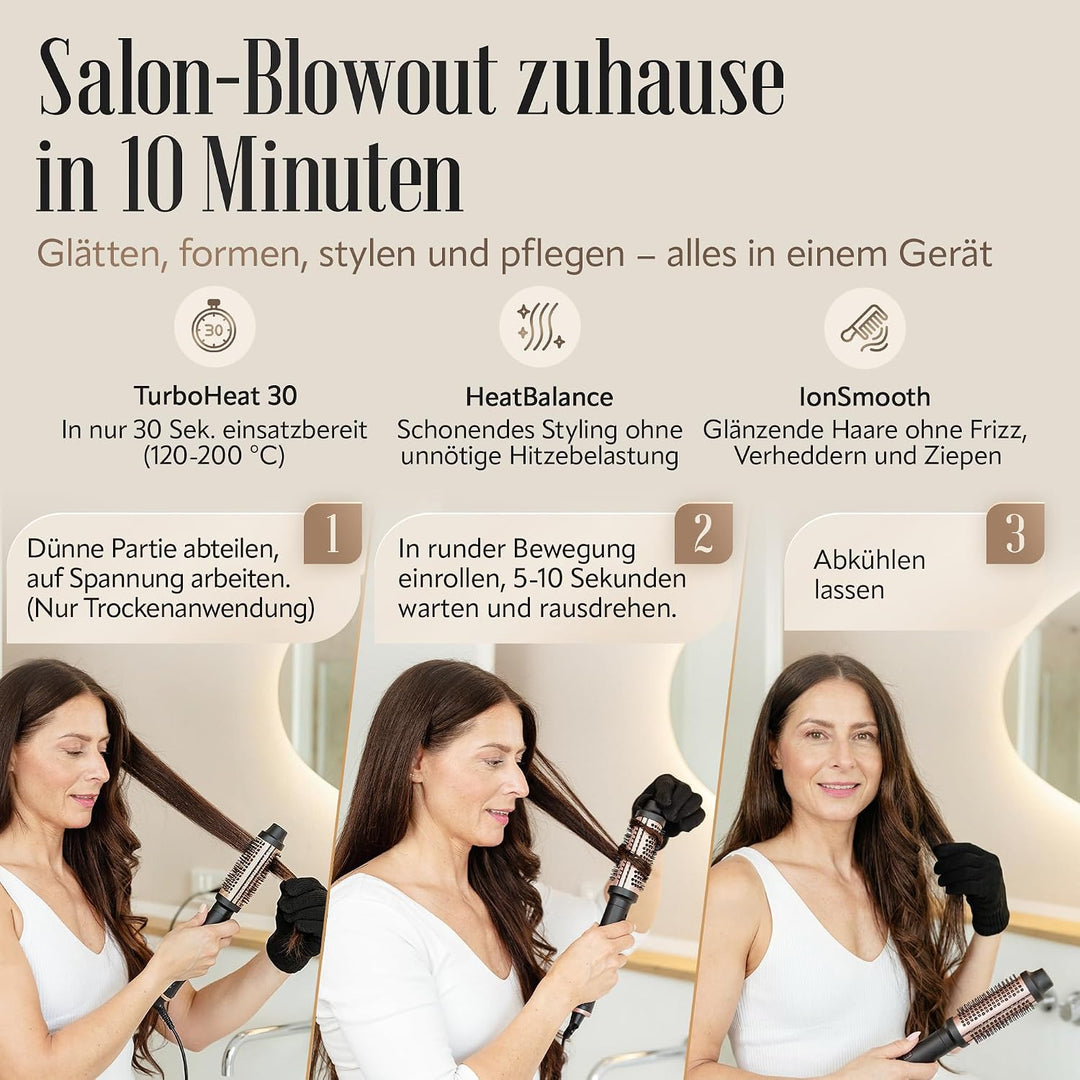 Thermobürste [TESTSIEGER 1,1] Anti-Frizz Glättbürste Blowout ohne Heissluft für jeden Haartyp - Rund